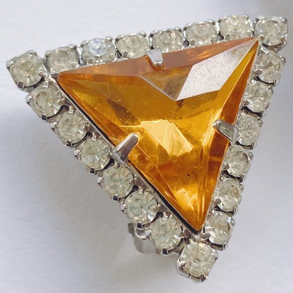 VTG Mid Century Mod Earrings Lucite Rhinestone Silver Tone Clip On Bold Sparkly - Picture 12 of 12